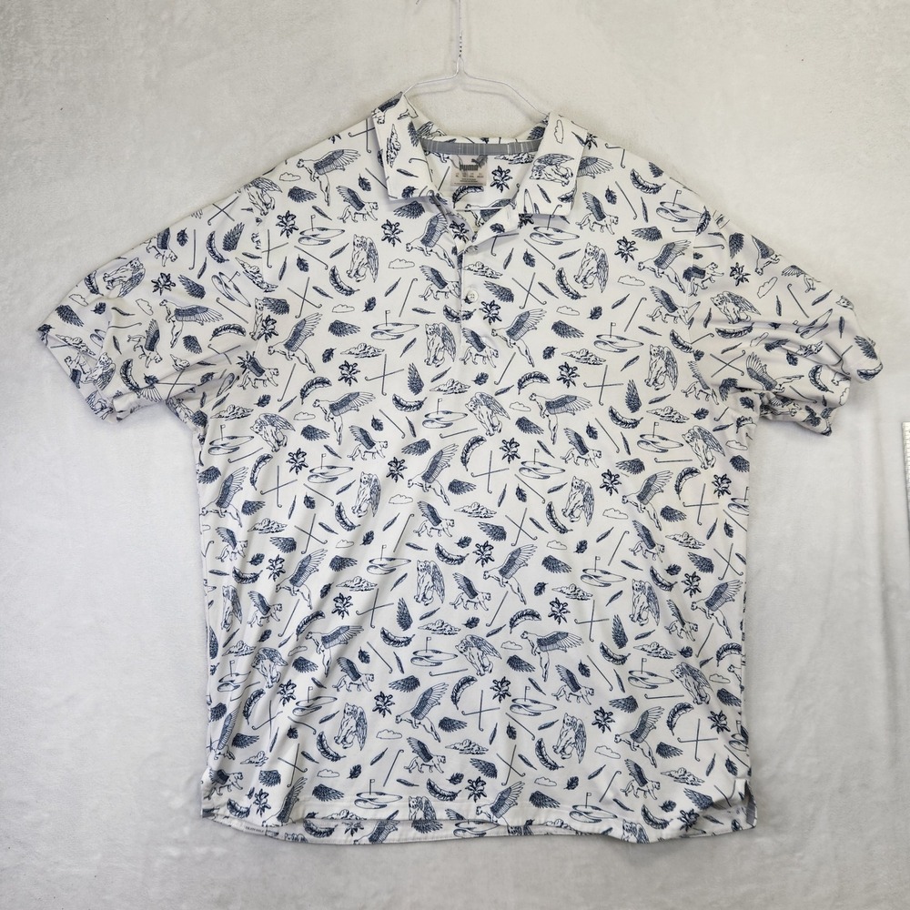 Puma Golf Mens XL Polo Shirt White Flying Winged Puma Novelty Print Short Sleeve
